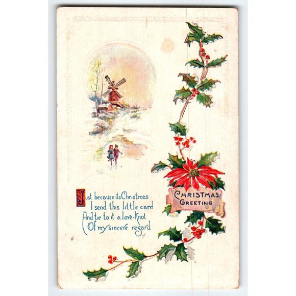 Vintage Christmas Postcard Snowy Windmill Scene with Poinsettia & Holly - Picture 1 of 2